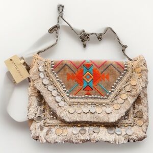 The ANTIK BATIK Embroidered Clutch with Fringe & Coins